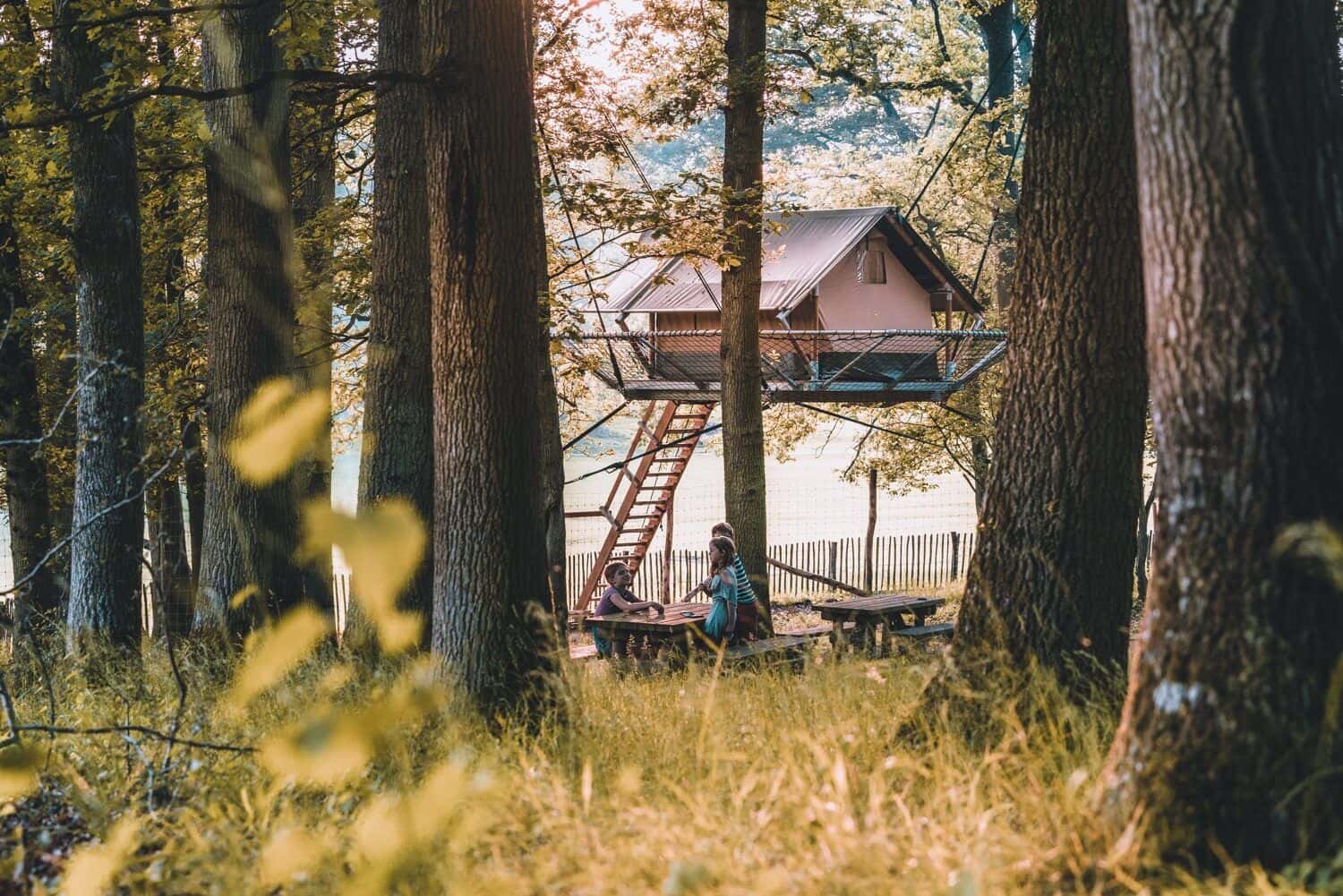 Kamperen met kinderen tussen de wilde dieren in het bos